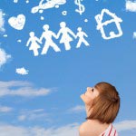 Young girl daydreaming with family and household clouds